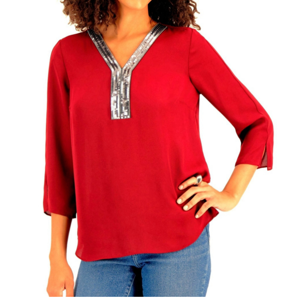 JM Collection Women's Petite Small Red Chiffon Sequin-Trim 3/4-Sleeve Blouse NWT